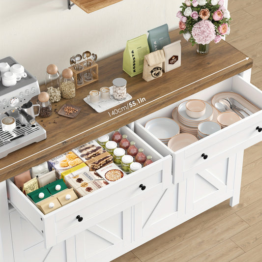 Kealive 140 cm Sideboard, Kitchen Cabinet with Adjustable Shelf, White Buffet Cabinet with 2 Drawers and 4 Doors, Modern, for Kitchen, Living Room, Hallway
