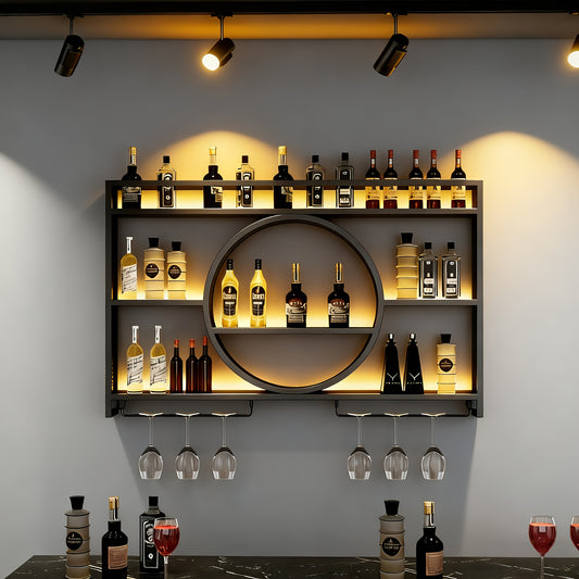 119,99 cm Moderner Metall-Wandweinregal mit LED-Beleuchtung, Schwebende Regale für Flaschen  Gläser, Dekorativer Organizer für Bar, Restaurant & Esszimmer