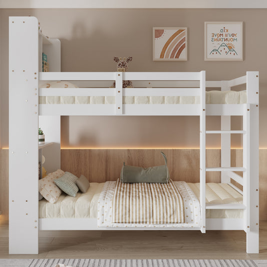Platzsparende Loftbett, Doppelstockbett, vertikales Bett, 90x200 cm, ohne Matratze, Kopfteil mit Stauraum, mit Regalbrettern und dreistufiger rechteckiger Leiter, Holzgestell mit Stauraum, multifunktionales praktisches Bett für kleine Wohnungen, Einzelbe