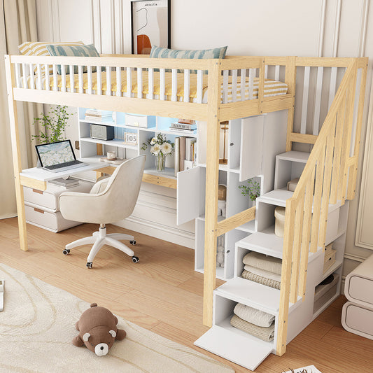 Holz-Naturstil Loftbett, ein integriertes Kombinationsbett mit Schreibtisch und Ablage, ein klassisches und praktisches Loftbett mit einem Oberbett und einem Untertisch, ein platzsparendes Multifunktionsbett für kleine Wohnungen, ein Aufbewahrungsbett mi