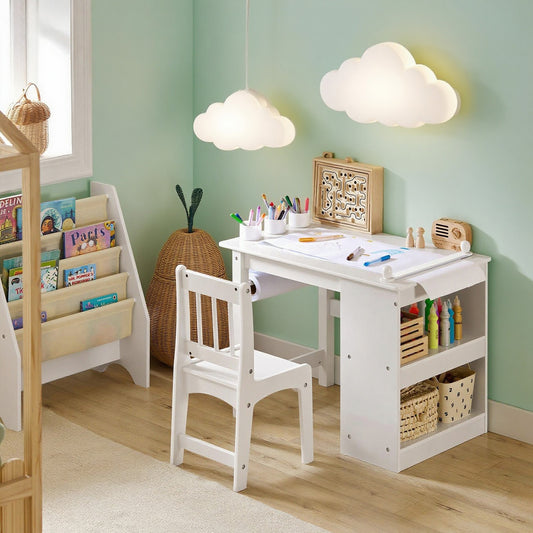 Kindertisch mit 1 Stuhl, Kindersitzgruppe mit 1 Papierrollenhalter, Kinder Tisch Stuhl Set, Spieltisch und Maltisch für Kinderzimmer, Maltisch für Kinder, Weiß 80x65,5x54 cm KMB60-W SoBuy