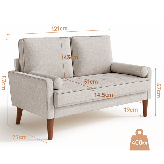 Moderner Kompakt-2-Sitzer Sofa mit 2 Kissen – Platzsparende Mini-Sektionsgarnitur in Aschbeige & Grau, Massivholzrahmen  weiche Polsterung, klassisches zeitgenössisches Design für kleine Wohnräume, Apartments, Büros - Einfache Montage erforderlich, langl