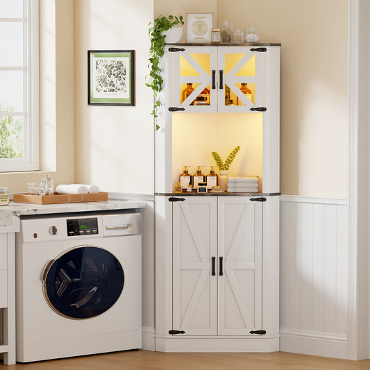 Gurexl Bauernhaus Eckbuffet mit kabelloser Ladestation & 20-Farben RGB dimmbarem Licht, vielseitige Küchenschränke mit Glastüren, Regalen & Schubladen, kompaktes Design unter 68,58 cm Höhe, MDF- und Massivholz-Konstruktion, Wäscheraum-Organizer, dekorati