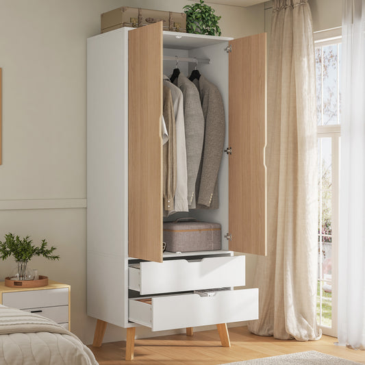 LUXOAK Kleiderschrank mit 2 Schubladen in Weiß und Holzoptik - 198 cm hoch x 50 cm breit, moderner Schrank mit Kleiderstange und Stauraum, geeignet für Schlafbereich und mehr