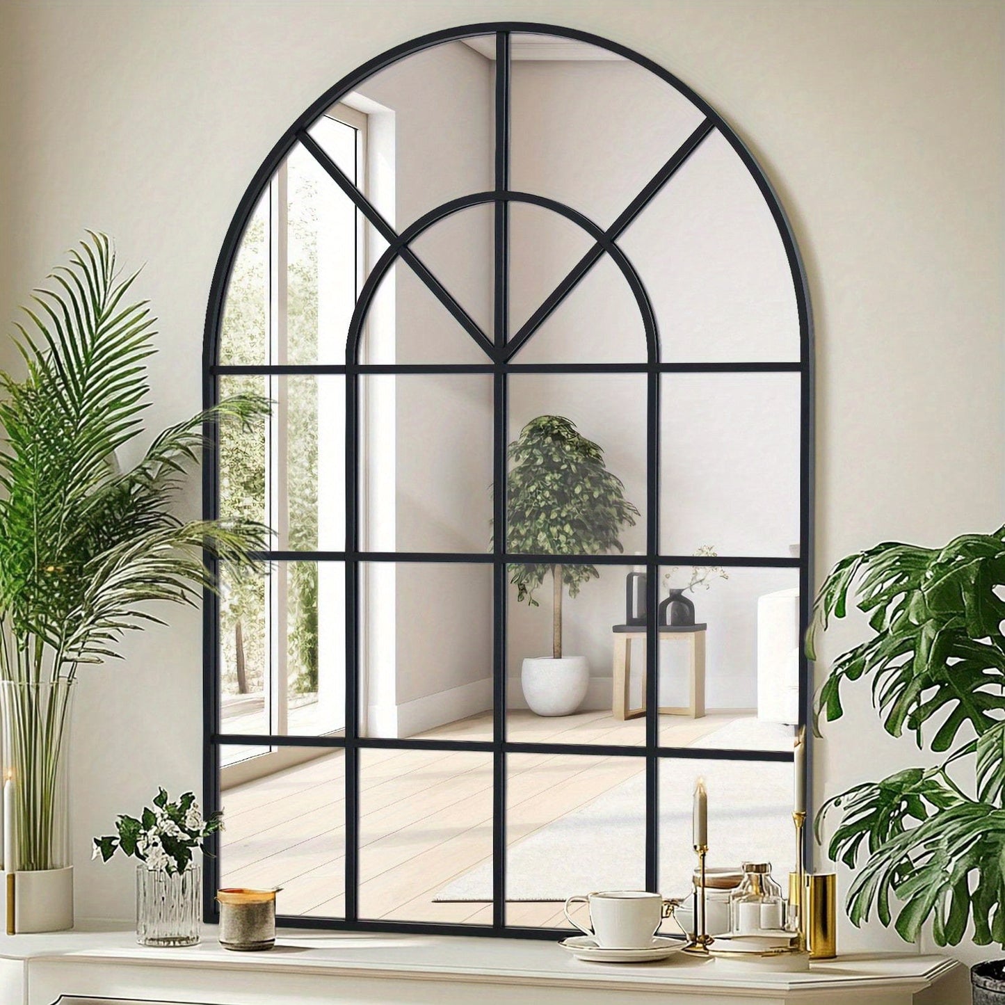 Moderner Schwarzer Bogen-Spiegel fürs Badezimmer – Fensterdesign mit schmalem Rahmen, eleganter Bogenspiegel für Bad, Wohnzimmer, Schlafzimmer, Eingangsbereich – platzsparende Wanddekoration oder Leinwandmontage, ohne Strom benötigt – ideal für kleine Rä