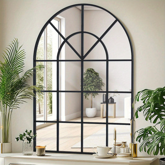 Moderner Schwarzer Bogen-Spiegel fürs Badezimmer – Fensterdesign mit schmalem Rahmen, eleganter Bogenspiegel für Bad, Wohnzimmer, Schlafzimmer, Eingangsbereich – platzsparende Wanddekoration oder Leinwandmontage, ohne Strom benötigt – ideal für kleine Rä