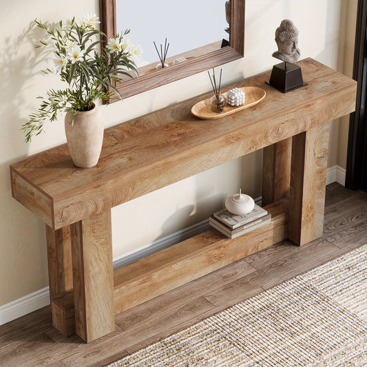 63-Zoll Moderner Farmhouse-Eingangskonsolentisch - 2-Lagiger Schmal Langer Flur-Tische aus Massivholzoptik mit Rustic-Braunem Finish, Platzsparendes Design & Stabilem Kippboden für Wohnbereich, Einstiegshalle – Einfache Montage , Großflächige Aufbewahrun